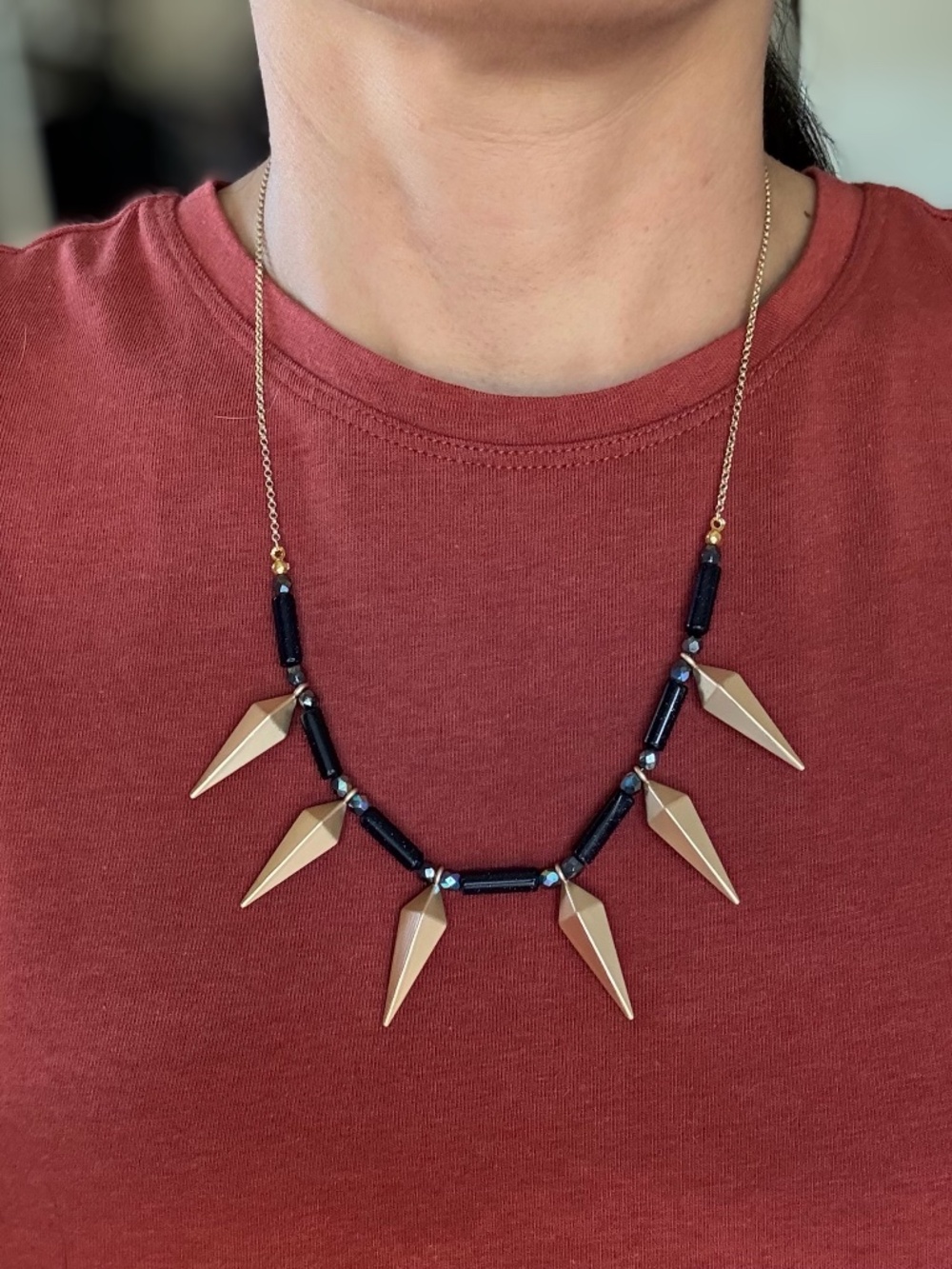 Handmade Blue Goldstone and Gold Colored Obelisk Spike Necklace